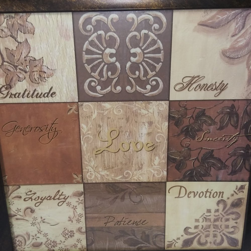 LOVE HONESTY PATIENCE Framed Wall Art Gold and Brown Print WAL-MART 14 X 14 Inch